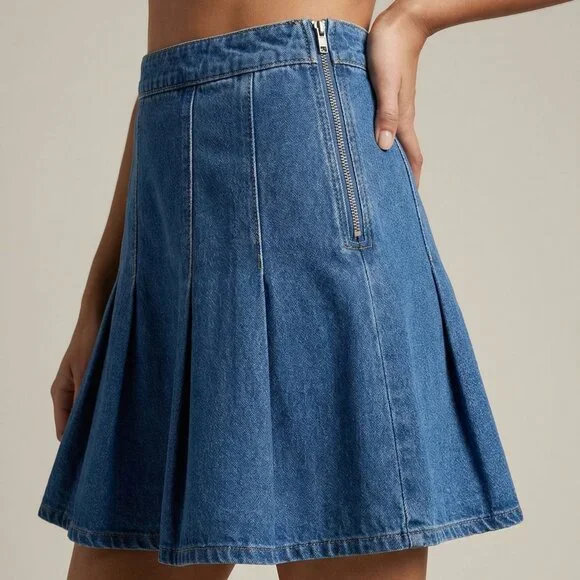REVOLVE Denim Blue Pleated A-Line Mini Skirt - Picture 3 of 8